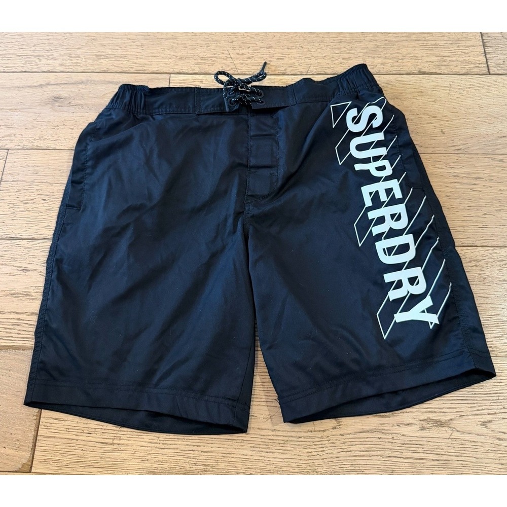 Superdry Mens Black Swim Shorts Size XL‎ Side Logo Elastic Waist Drawstring